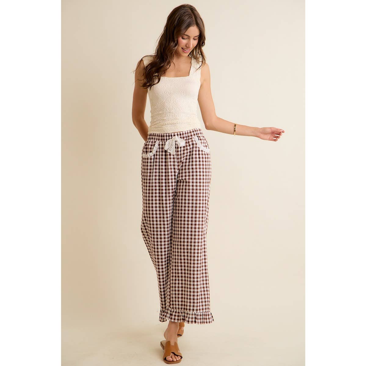 GINGHAM LACE RUFFLED PULL ON PANTS