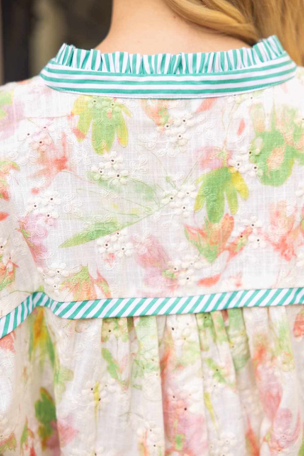 Stripe Contrast Button Down Floral Embroidered Top