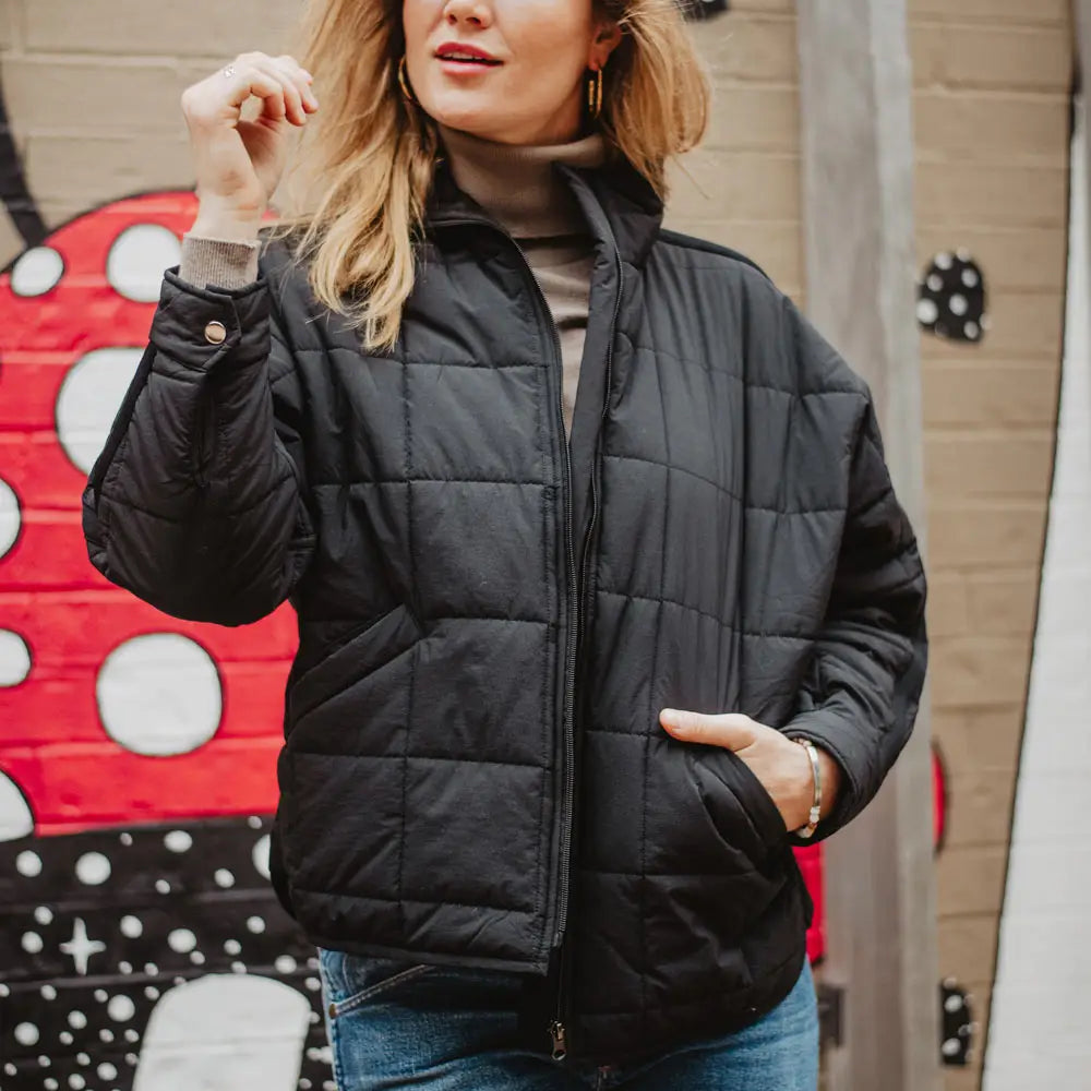 Black Quilted Squares Zipper Jacket