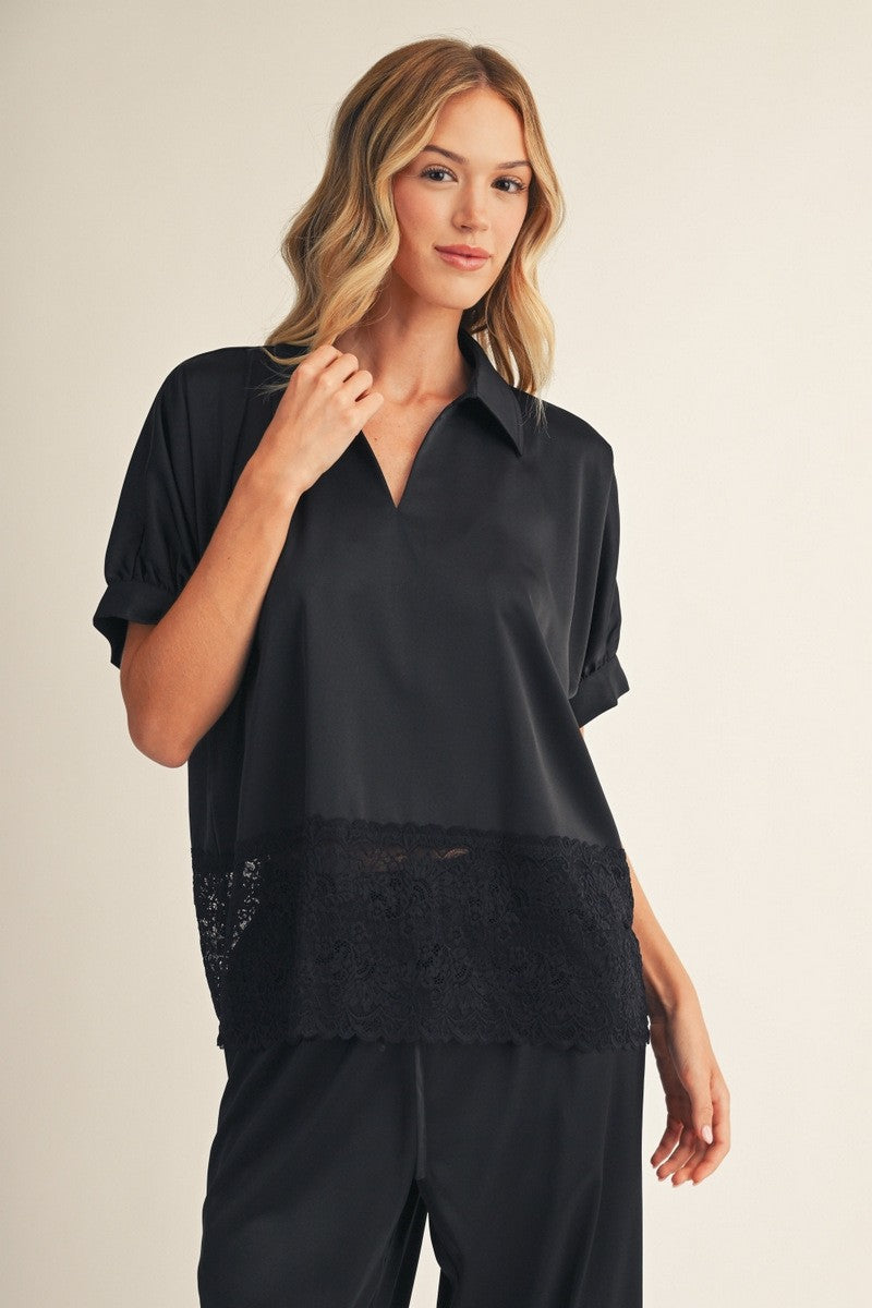 Lace Hem Detail Solid Satin Top