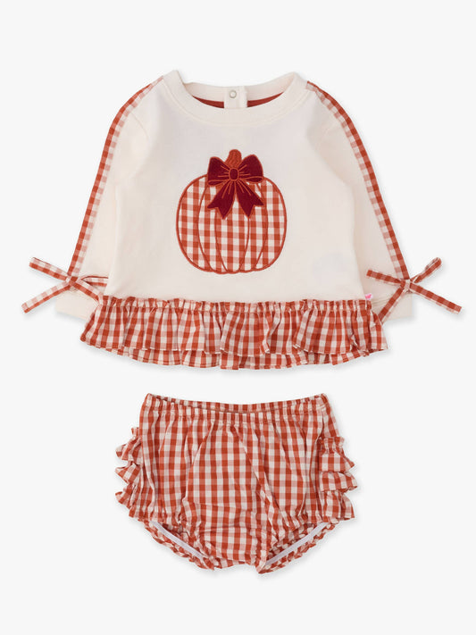 Baby Girls Pumpkin Bow Ivory Applique Ruffle Bow Sweatshirt Swing Top & Ruffle Bloomer Set