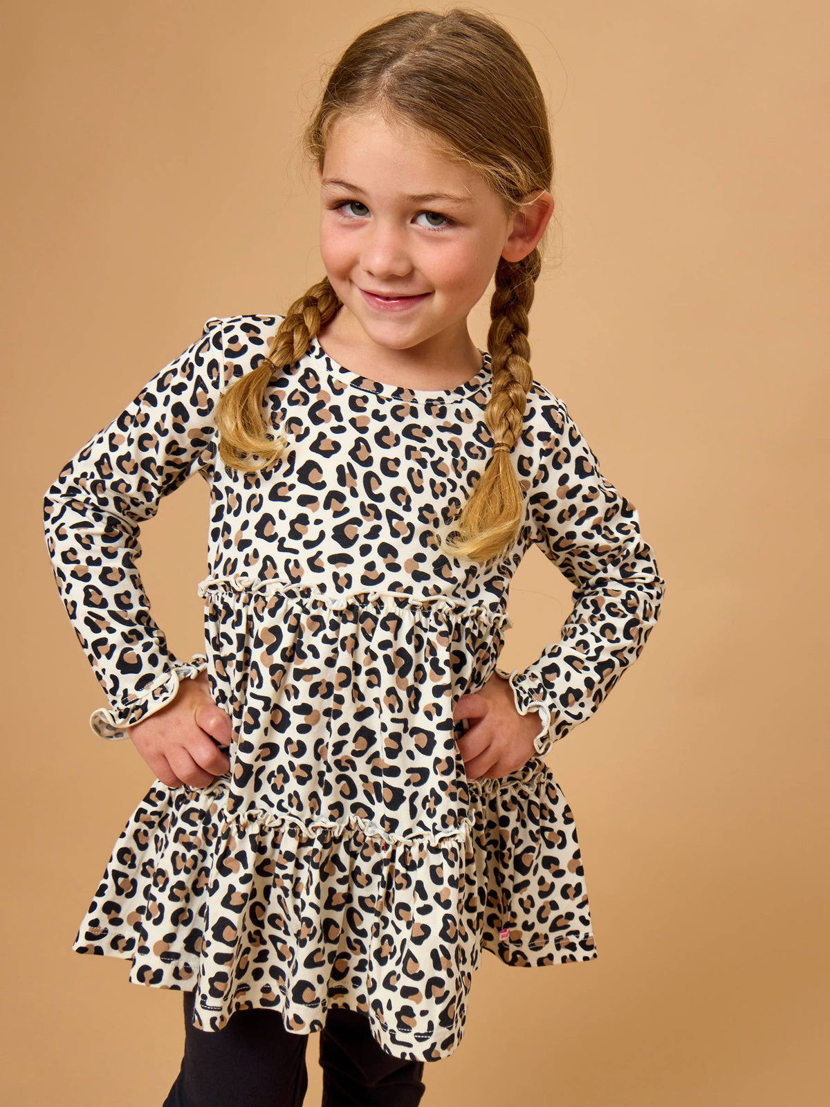 Girls Classic Leopard Knit Ruffle Tiered Tunic Top