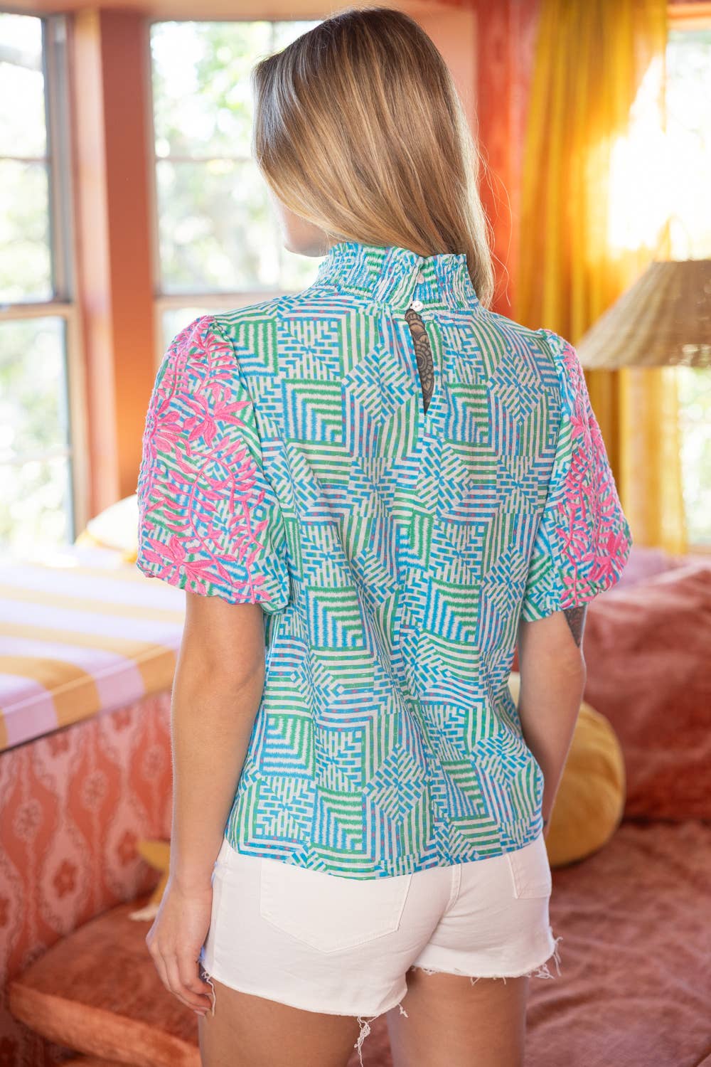 Smocked Neck Contrast Embroidered Bubble Sleeve Top