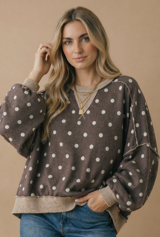 Plus Crew Neck Polka Dot Reverse Stitch Pullover