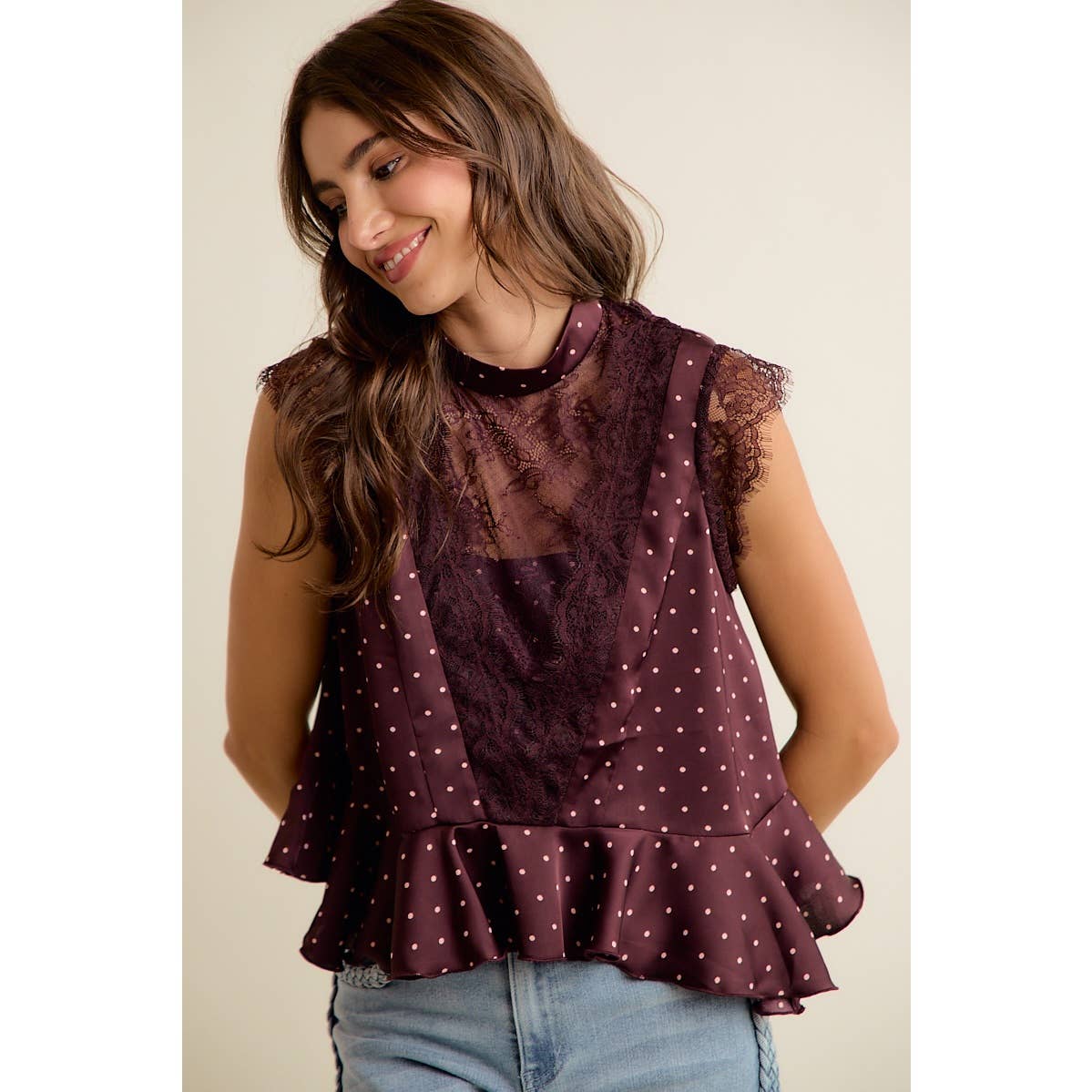 POLKA DOT SATIN LACE TRIM RUFFLED HIGH NECK BLOUSE TOP