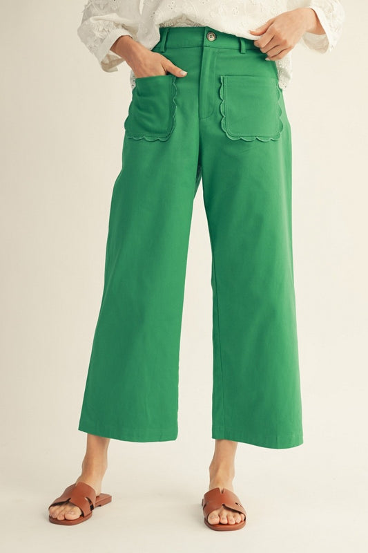 Scallop Edge Pocket Detail Wide Leg Pants