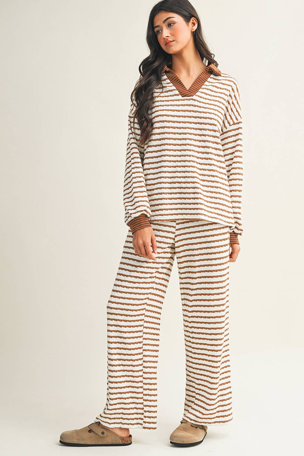 Stripe Collared Pullover Top and Drawstring Pant Set