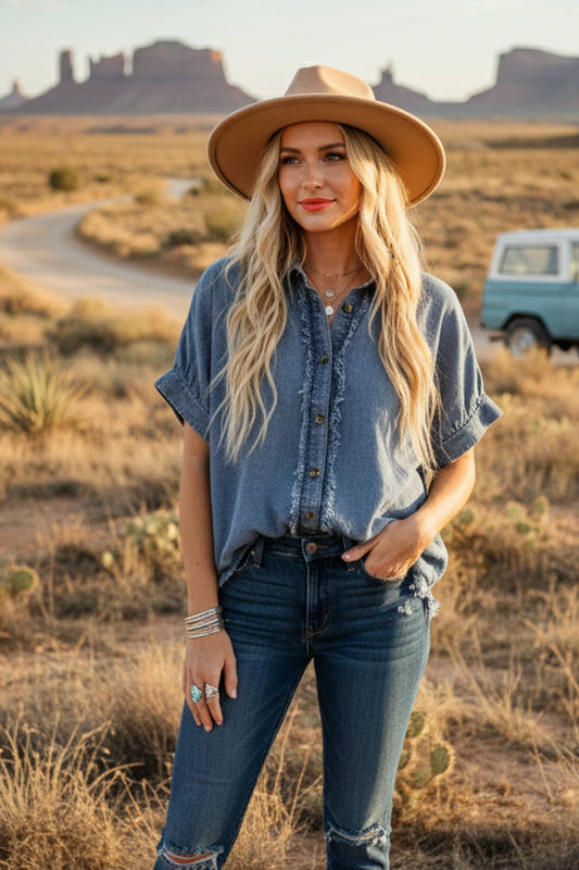 Frayed Trim Denim Button Top