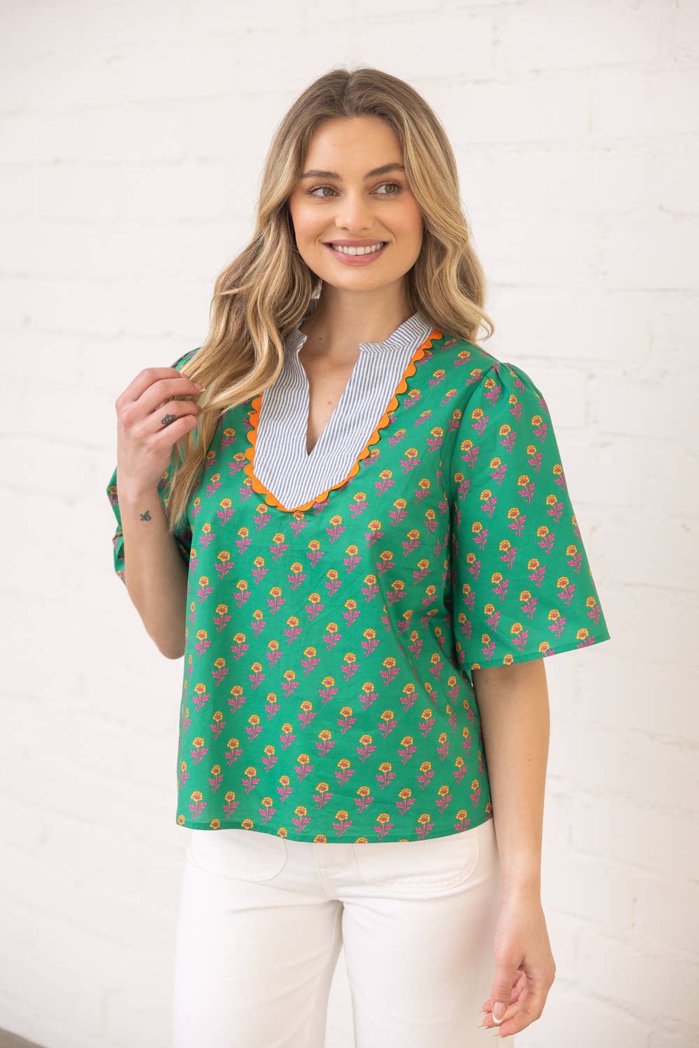 Wavy Trim Striped Yoke Print Top