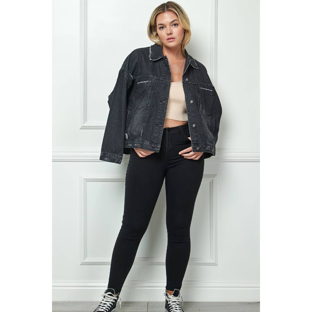Plus Size Oversize Pleated Back Color Denim Jacket
