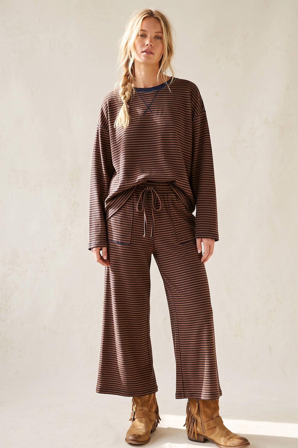 Striped Relaxed Top & Wide Leg Pants Knit Set