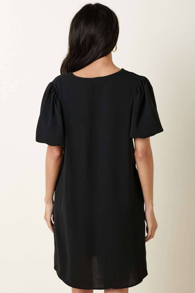 Black AIRFLOW V NECK PUFF SLEEVE MINI DRESS
