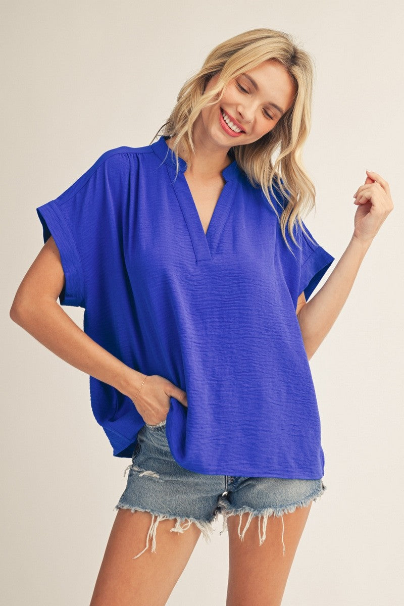 Drop Shoulder Solid Crinkled V Neck Top