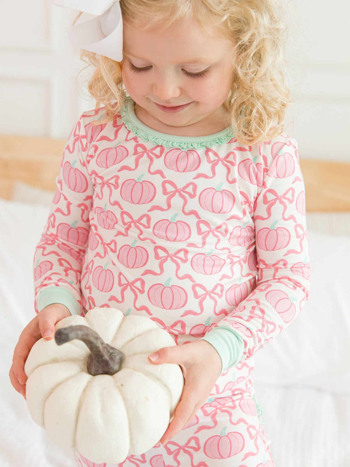 SoftSnooze™ Toddler Girls Bamboo Viscose Pink Fairytale Pumpkins Ruffle Long Sleeve Pajama Set with Signature Rear Ruffles