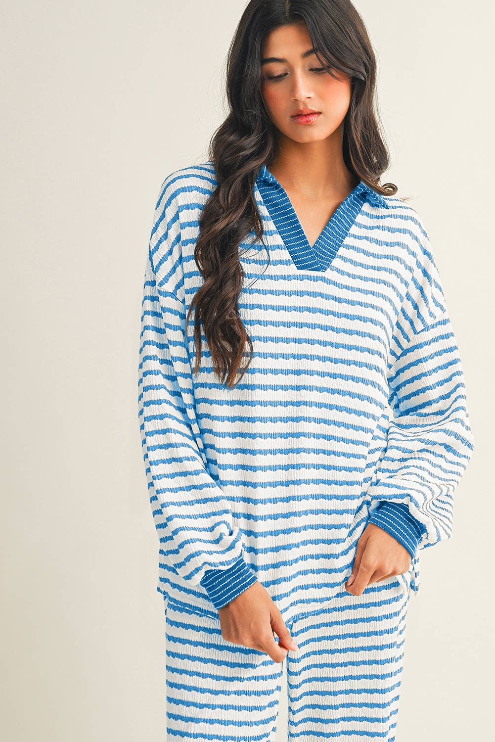 Stripe Collared Pullover Top and Drawstring Pant Set
