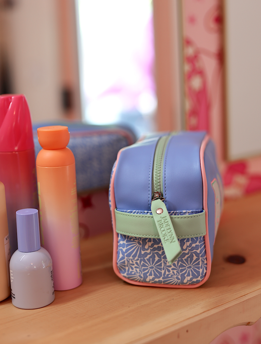 Handle Cosmetic Bag - 'Baby' Embroidered (Periwinkle/Coral)