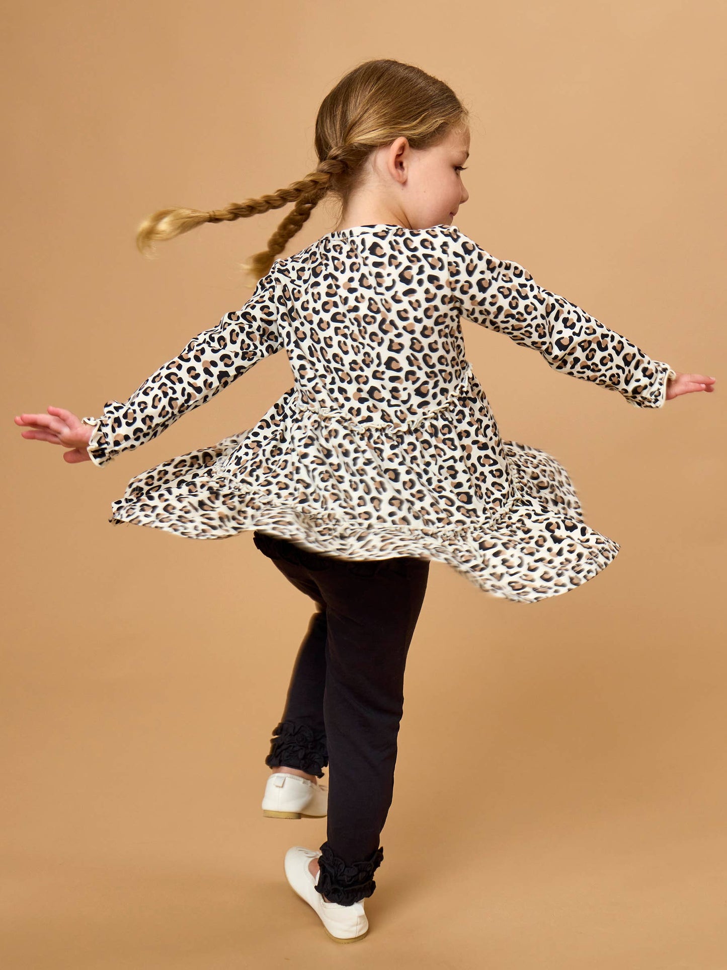 Girls Classic Leopard Knit Ruffle Tiered Tunic Top
