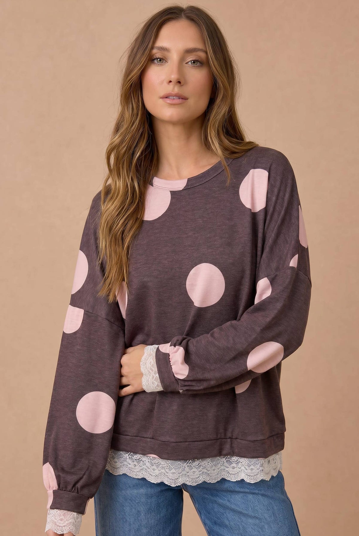 Dot Print Scallop Lace Hem Pullover Top