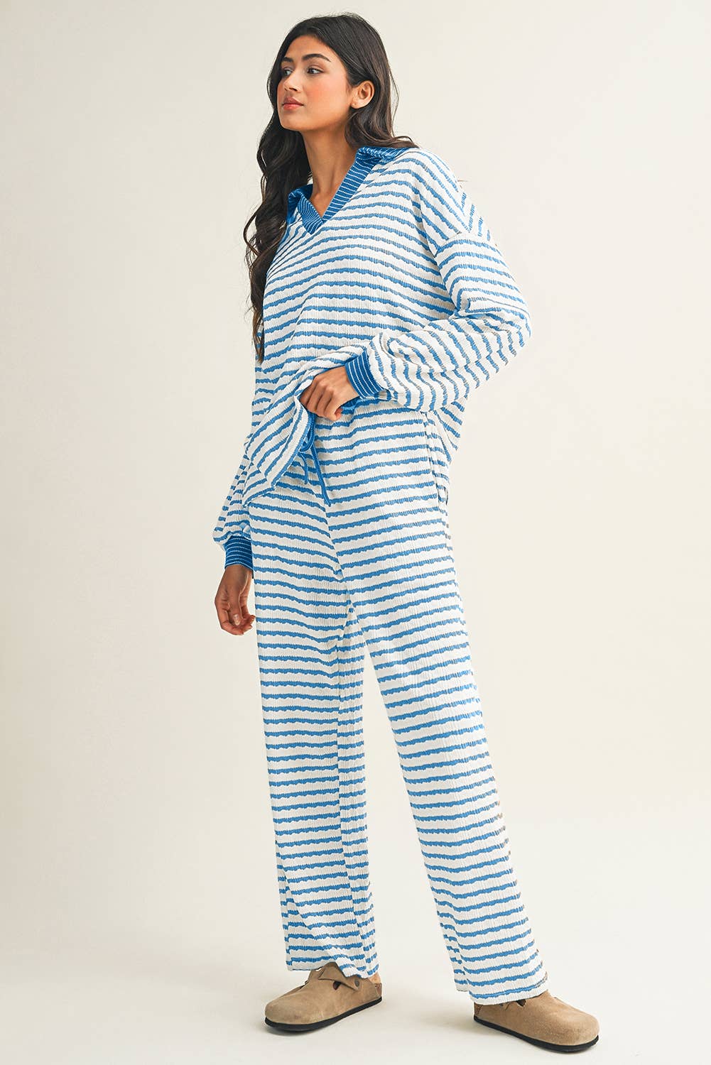 Stripe Collared Pullover Top and Drawstring Pant Set