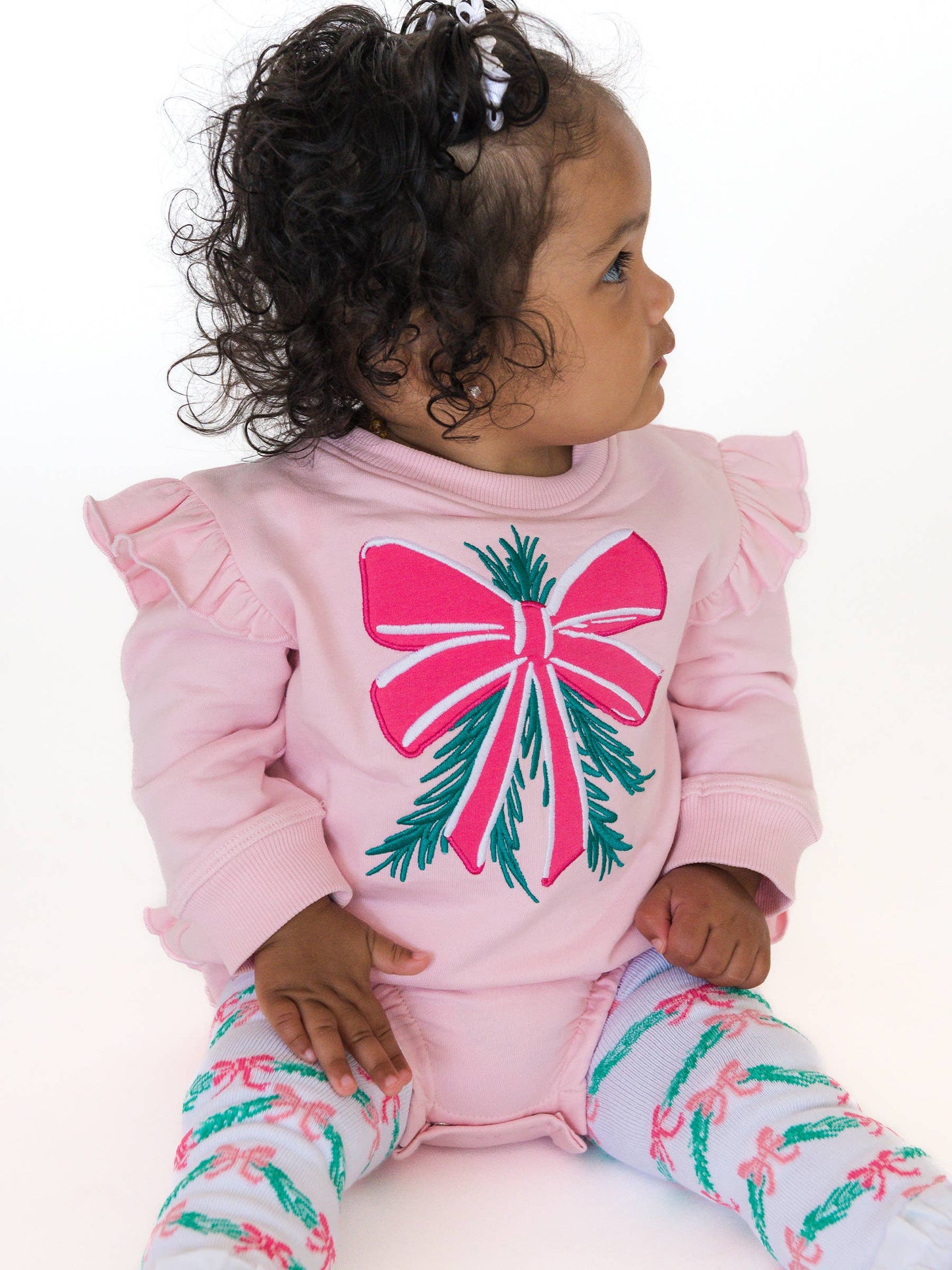 Baby Girls Pink Mistletoe Bow Applique Sweatshirt Bubble Romper