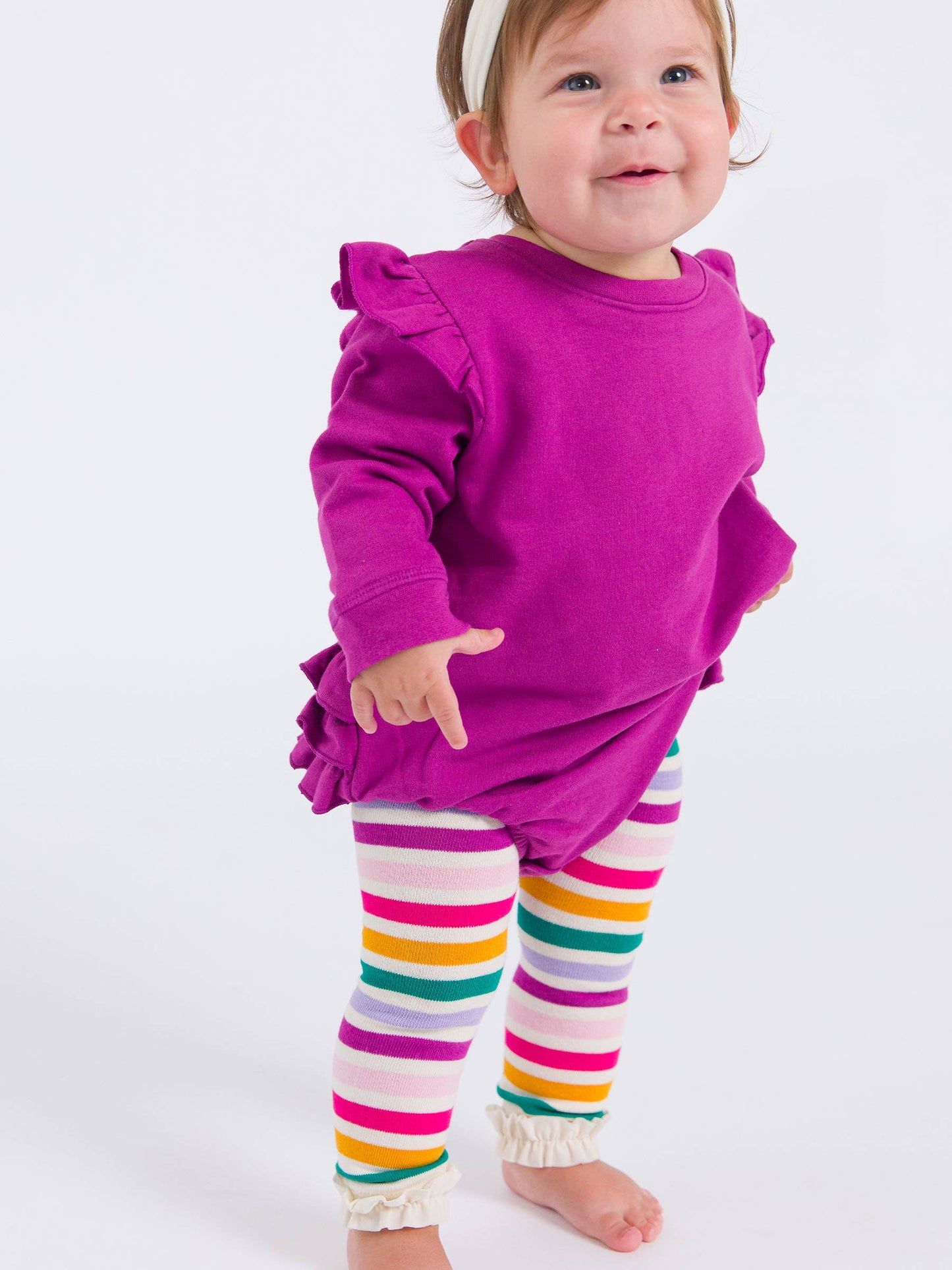 Baby Girls Plum Tart Sweatshirt Bubble Romper with Signature Rear Ruffles