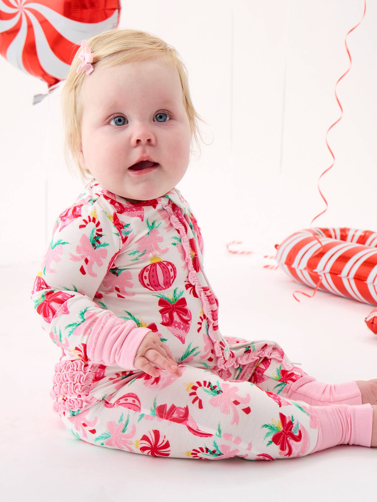 SoftSnooze™ Baby Girls Bamboo Viscose Holly Christmas Ornament Bows Convertible Ruffle One Piece Footie Pajama