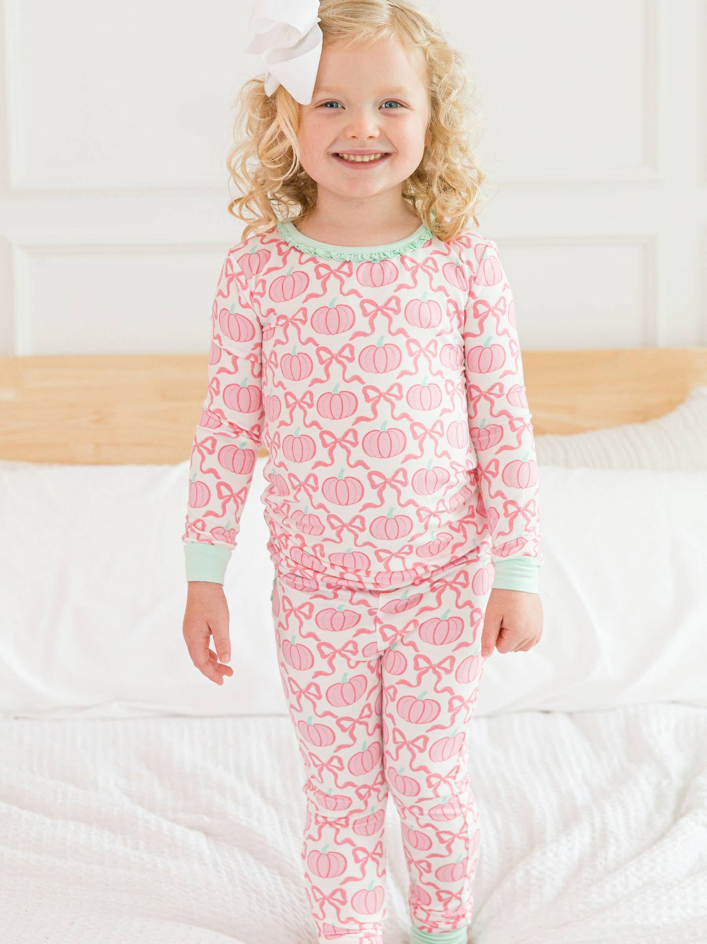 SoftSnooze™ Toddler Girls Bamboo Viscose Pink Fairytale Pumpkins Ruffle Long Sleeve Pajama Set with Signature Rear Ruffles