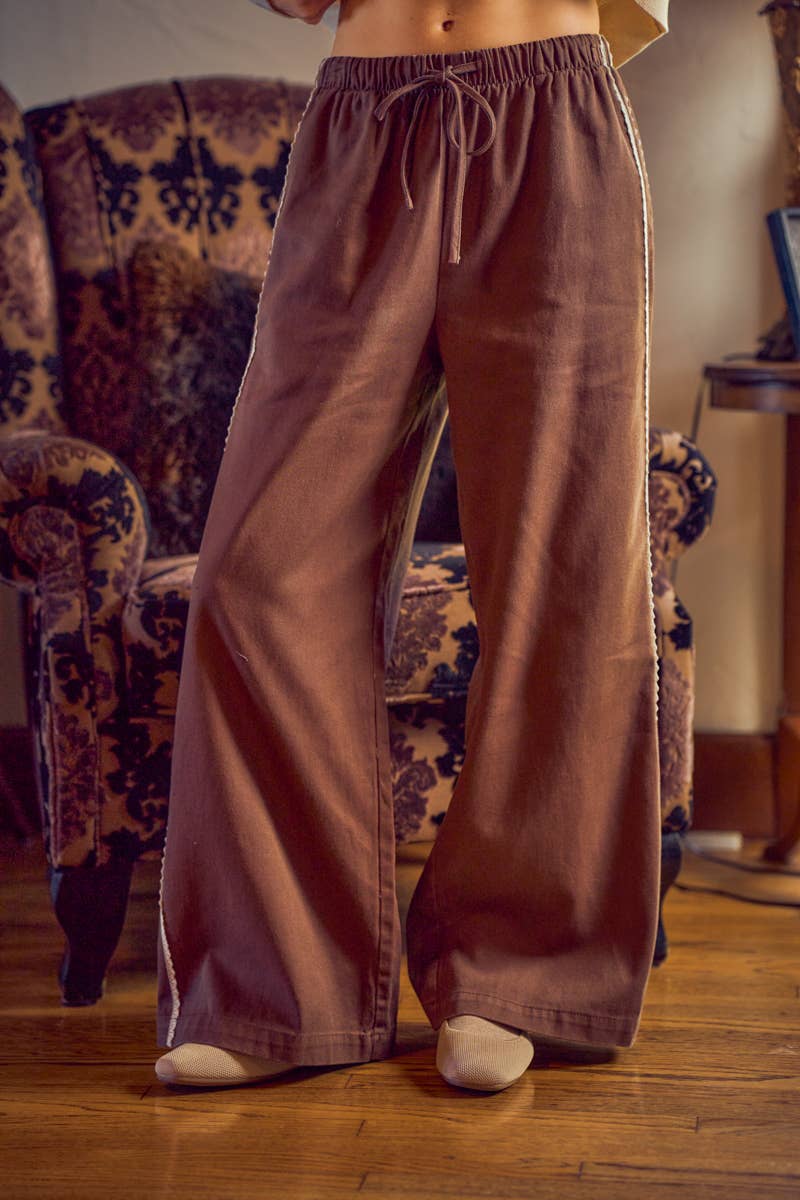 SIDE LACE TRIM COTTON DENIM WIDE LEG PULL ON PANTS