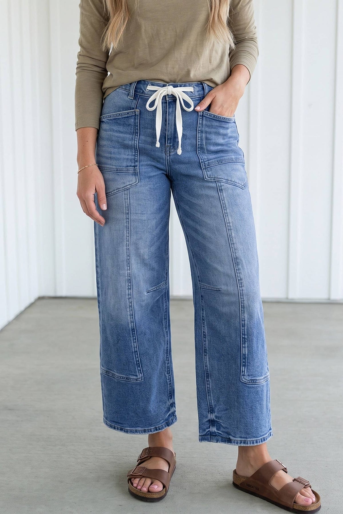 Solid Patchwork Pockets Straight Jeans