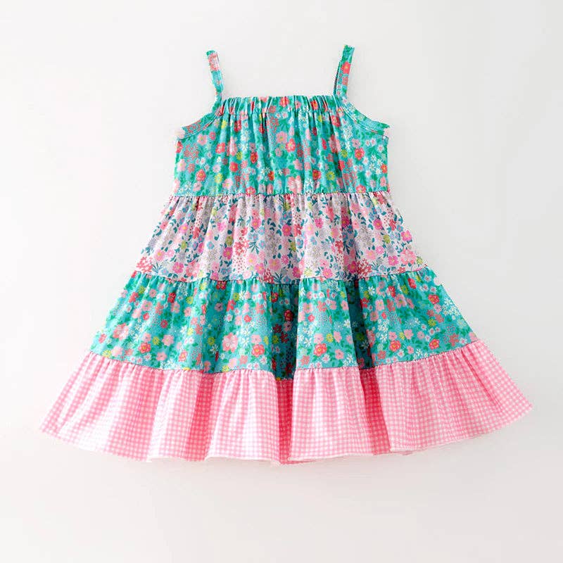 Girls Summer Blue Pink Floral Print Patchwork Dress