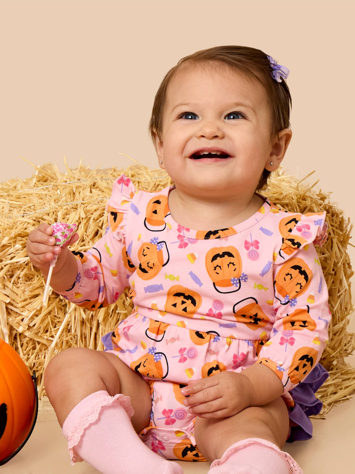 Baby Girls Pumpkin Boo Crew Knit Long Sleeve Flutter Bubble Romper