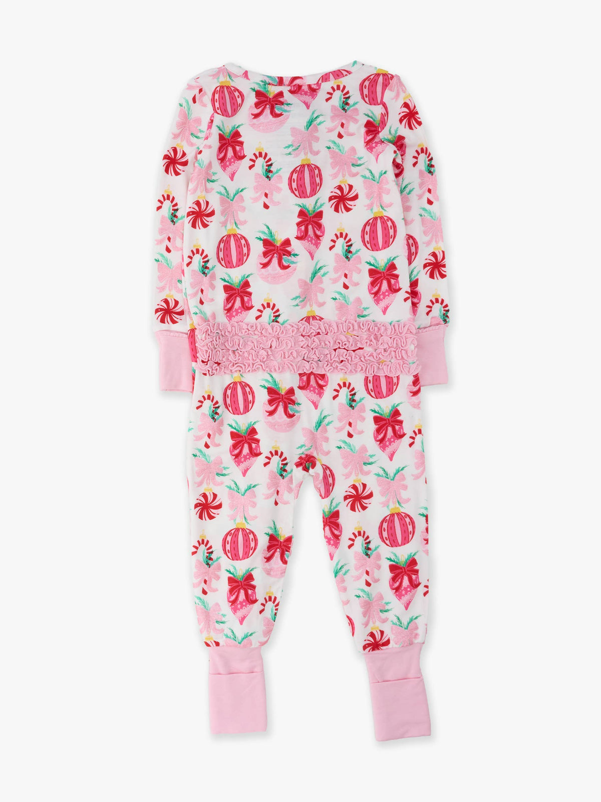 SoftSnooze™ Baby Girls Bamboo Viscose Holly Christmas Ornament Bows Convertible Ruffle One Piece Footie Pajama