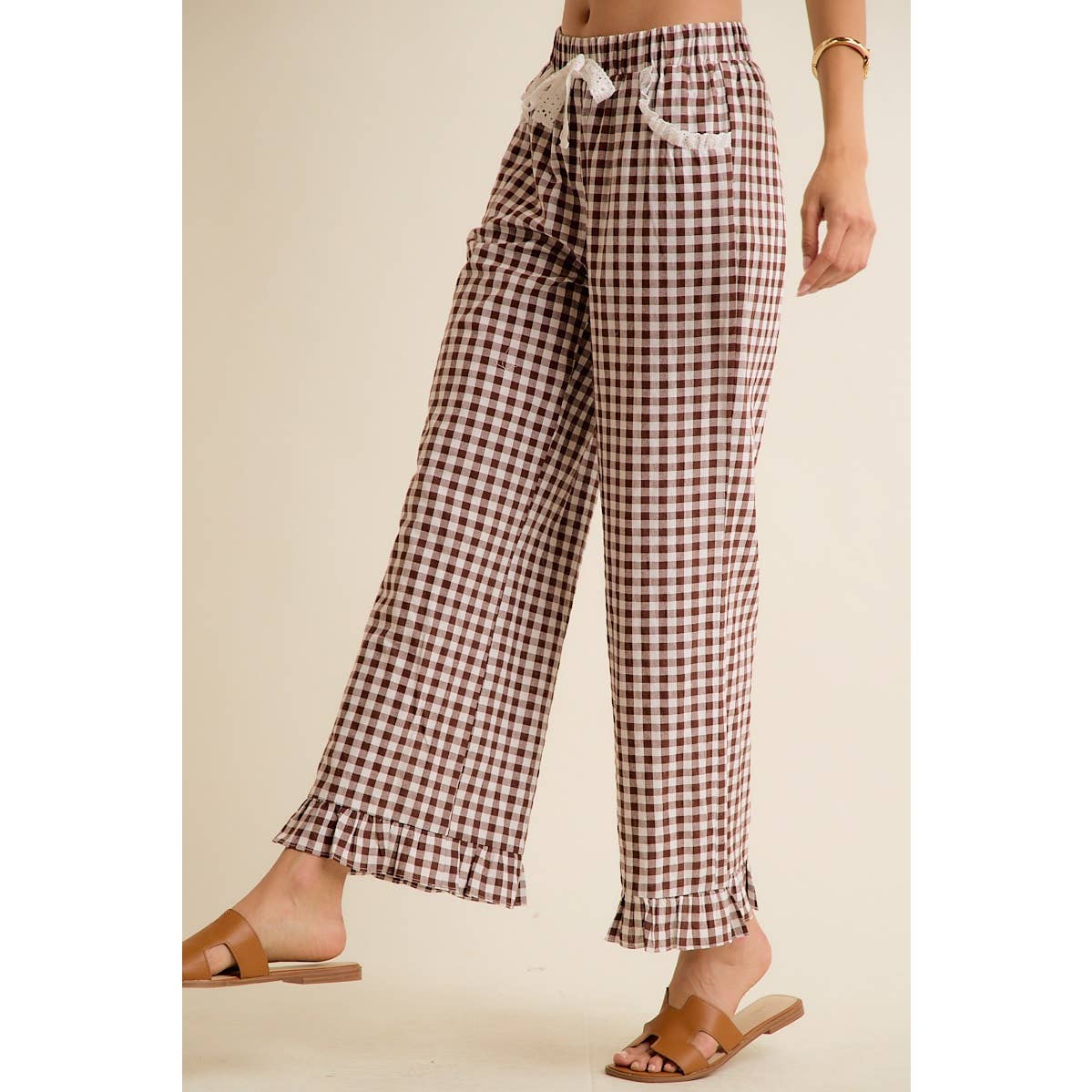GINGHAM LACE RUFFLED PULL ON PANTS