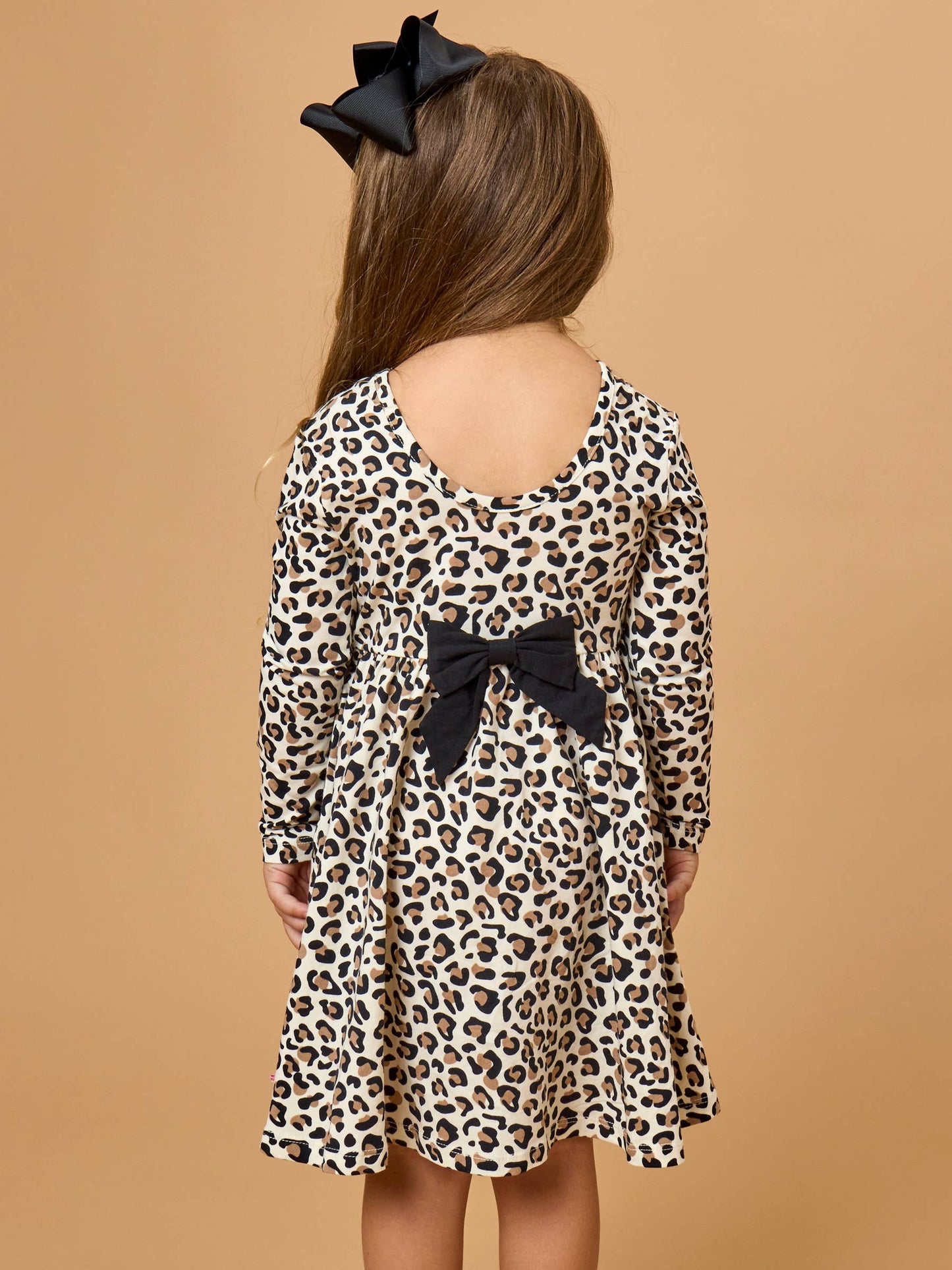Girls Classic Leopard Knit Long Sleeve Twirl Dress