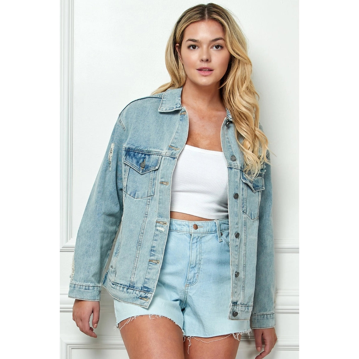 Oversize Medium Wash Ripped Denim Jacket