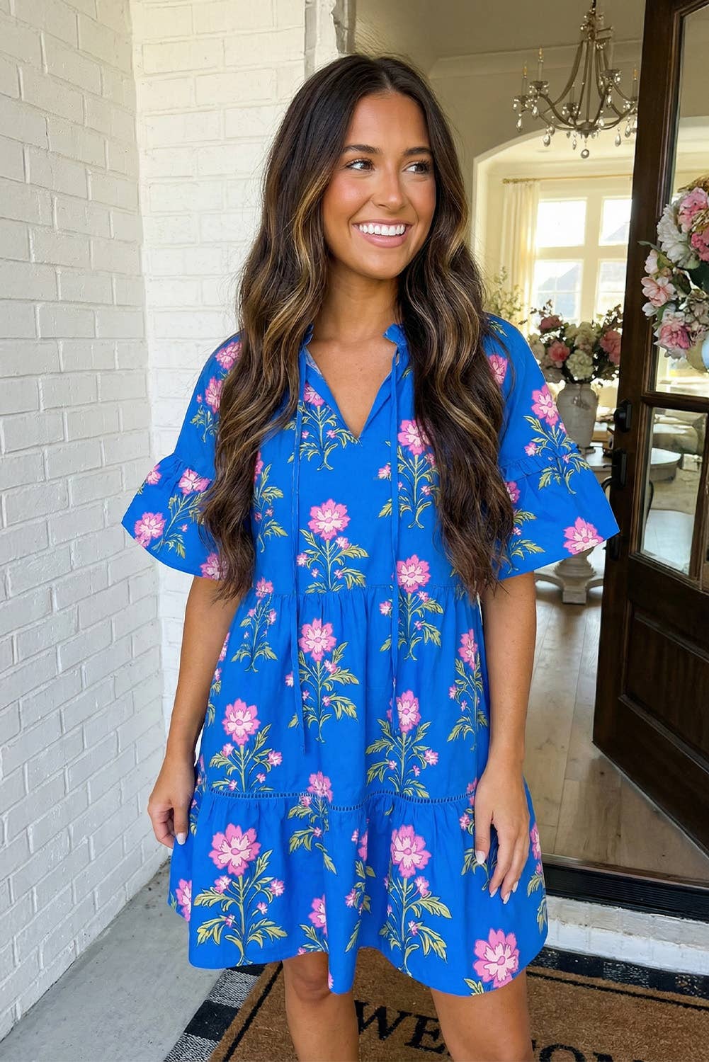 Blue Neck Short Sleeve Loose Flower Dress
