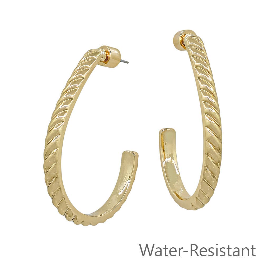 Water Resistant Gold Wave Textured 2" Teardrop Earring