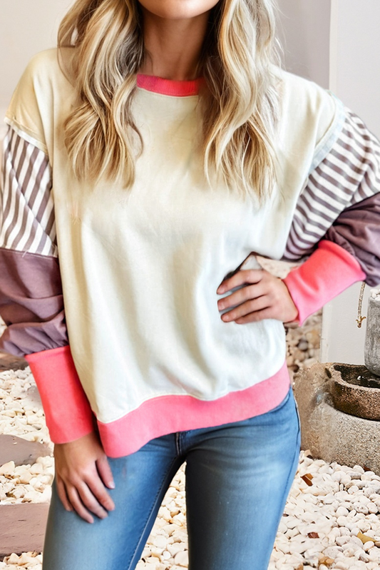Color Block Striped Patchwork Dolman Slit Sweatshirt
