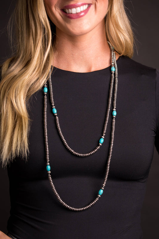 66"Silver Disc Bead Necklace w/Green Turquoise Beaded Accent
