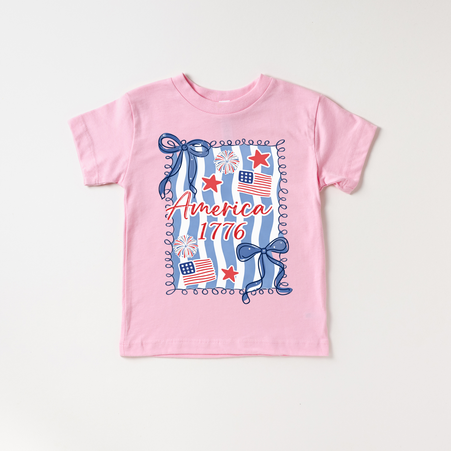 America 1776 Flag Bow 4th of July Kids Patriotic Shirt