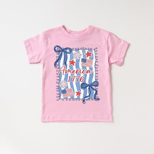 America 1776 Flag Bow 4th of July Kids Patriotic Shirt