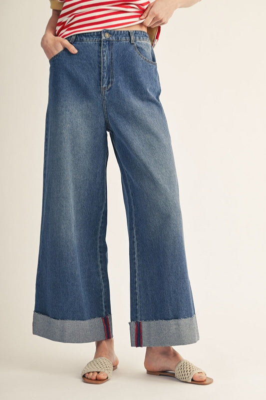 Cuffed Wide Leg Washed Denim Pants