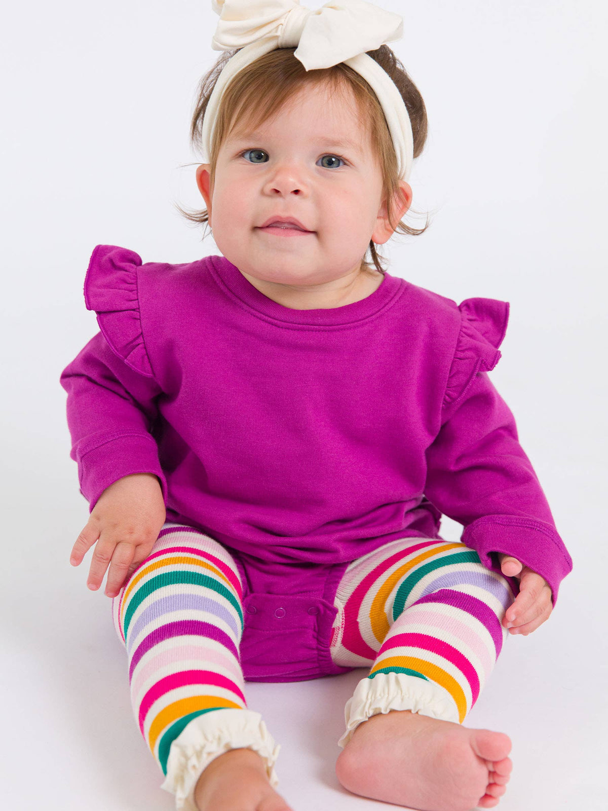 Baby Girls Plum Tart Sweatshirt Bubble Romper with Signature Rear Ruffles