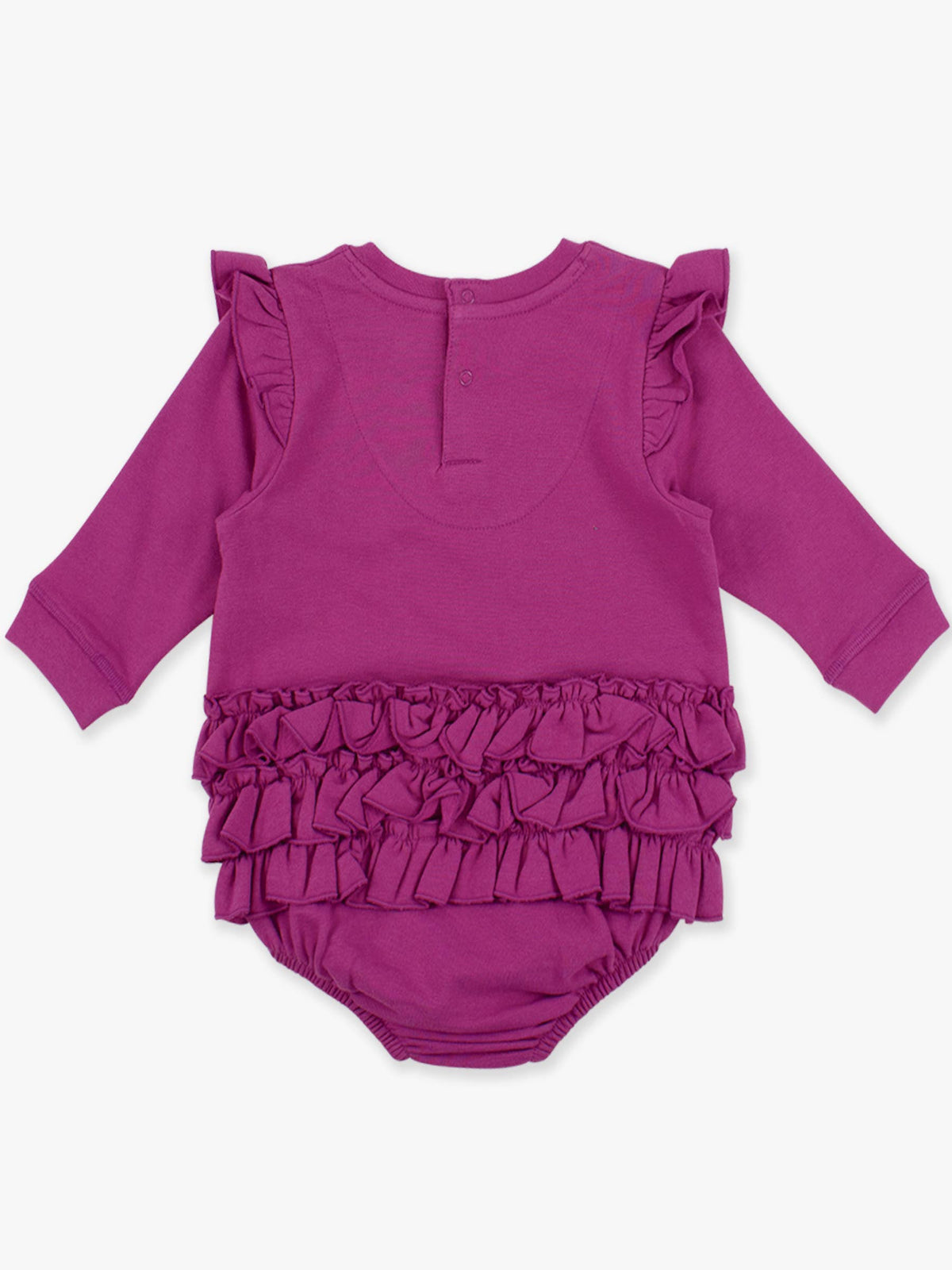 Baby Girls Plum Tart Sweatshirt Bubble Romper with Signature Rear Ruffles