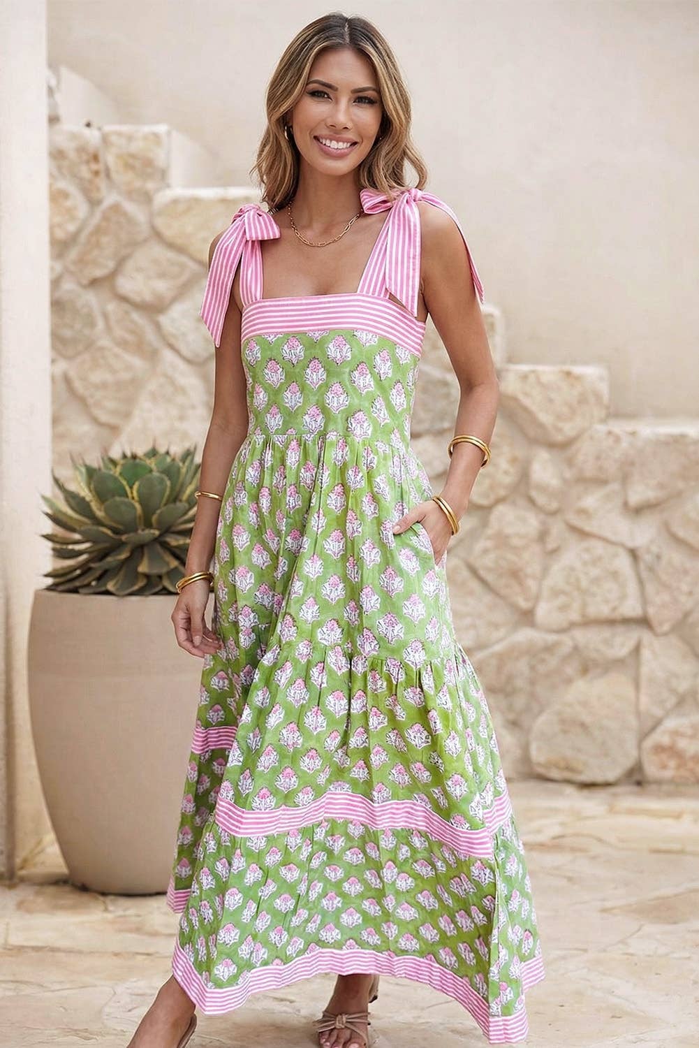Floral Print Striped Detail Knot Straps Maxi Dress