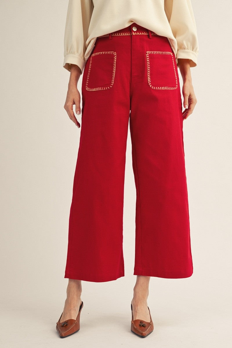Stitch Accent Wide Leg Solid Pants