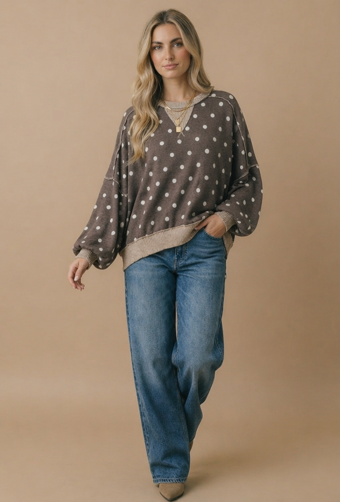 Plus Crew Neck Polka Dot Reverse Stitch Pullover