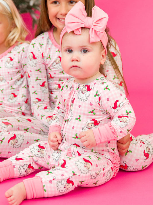 SoftSnooze™ Baby Girls Bamboo Pink Dear Santa Convertible Ruffle Footie Pajama