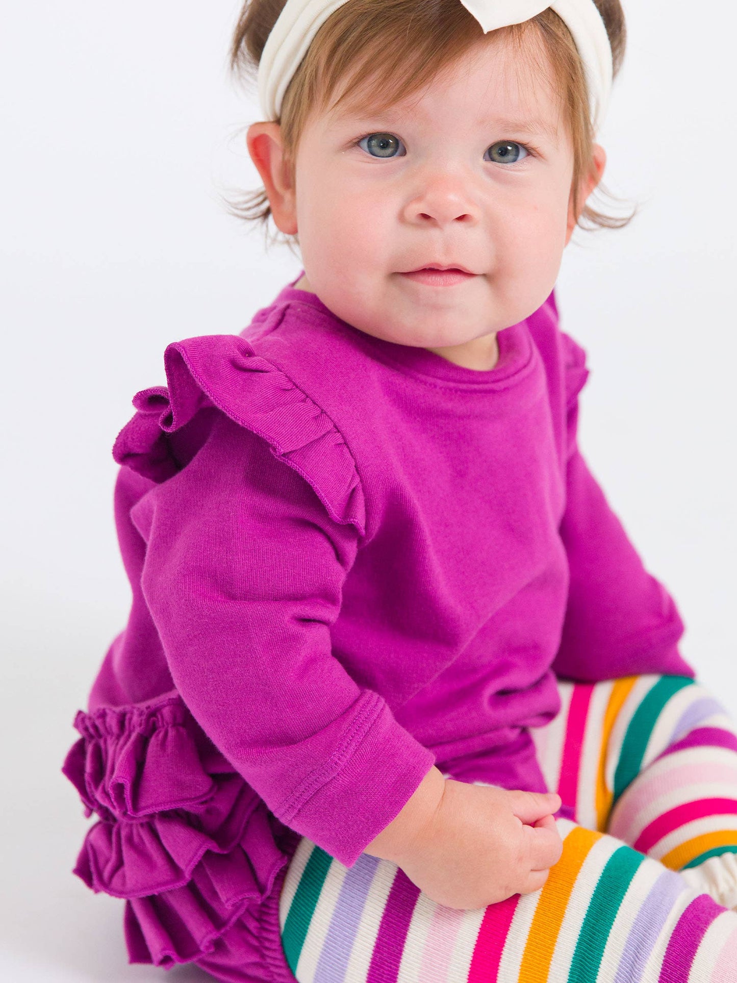 Baby Girls Plum Tart Sweatshirt Bubble Romper with Signature Rear Ruffles