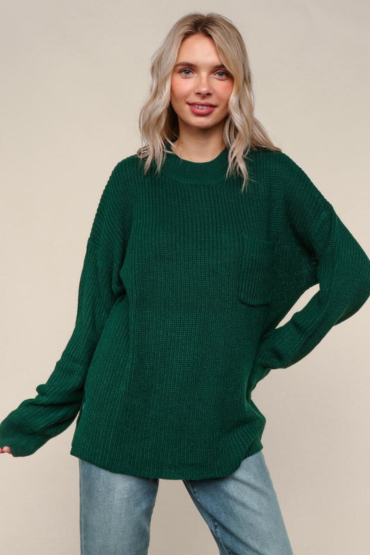 Hunter Green Solid Pullover Sweater Knit Top W/ Pocket